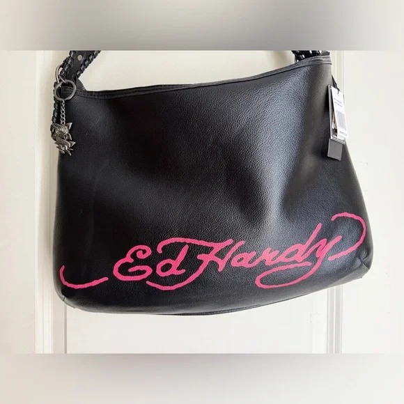 NEW ED HARDY DENIM SKULL, RHINESTONES and FLOWERS SHOULDER BAG Y2K biker - Picture 7 of 9